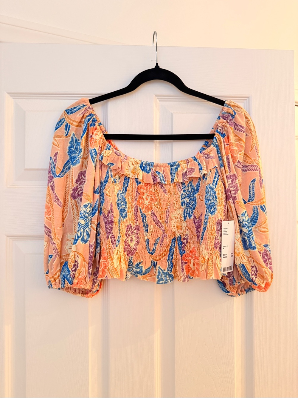Urban Outfitters Peach Floral Smocked Off-Shoulder Crop Top